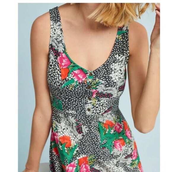 Anthropologie Floral Asymmetric Dress 2 Black Sleeveless V-Neck Lightweight - Picture 8 of 10